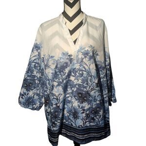 JM Collection Woman 20W Blue Floral Border Print Tunic Blouse